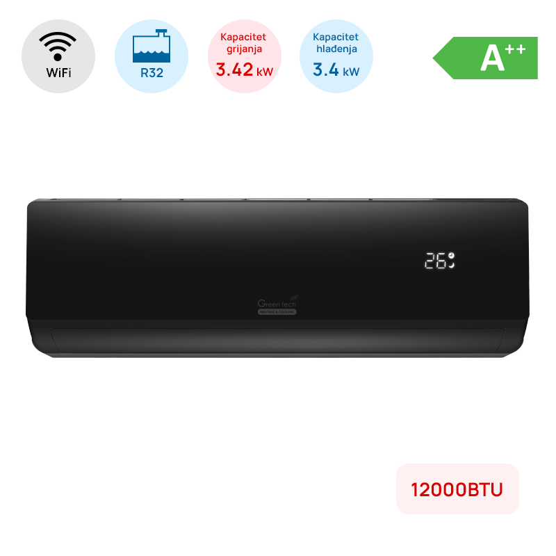 Klima Green Tech 12000BTU, 3.4kW, A++, R32, -15°C ~ 53°C, WiFi, crna