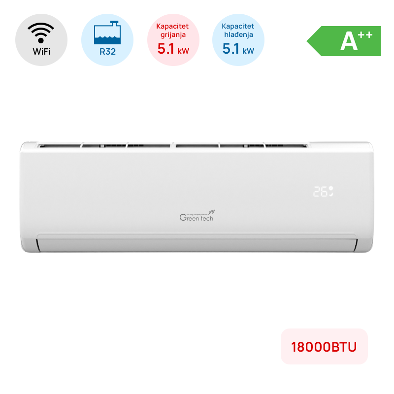 Klima Green Tech 18000BTU, 5.1kW, A++, R32, -22°C ~ 53°C, s grijačem, WiFi, bijela